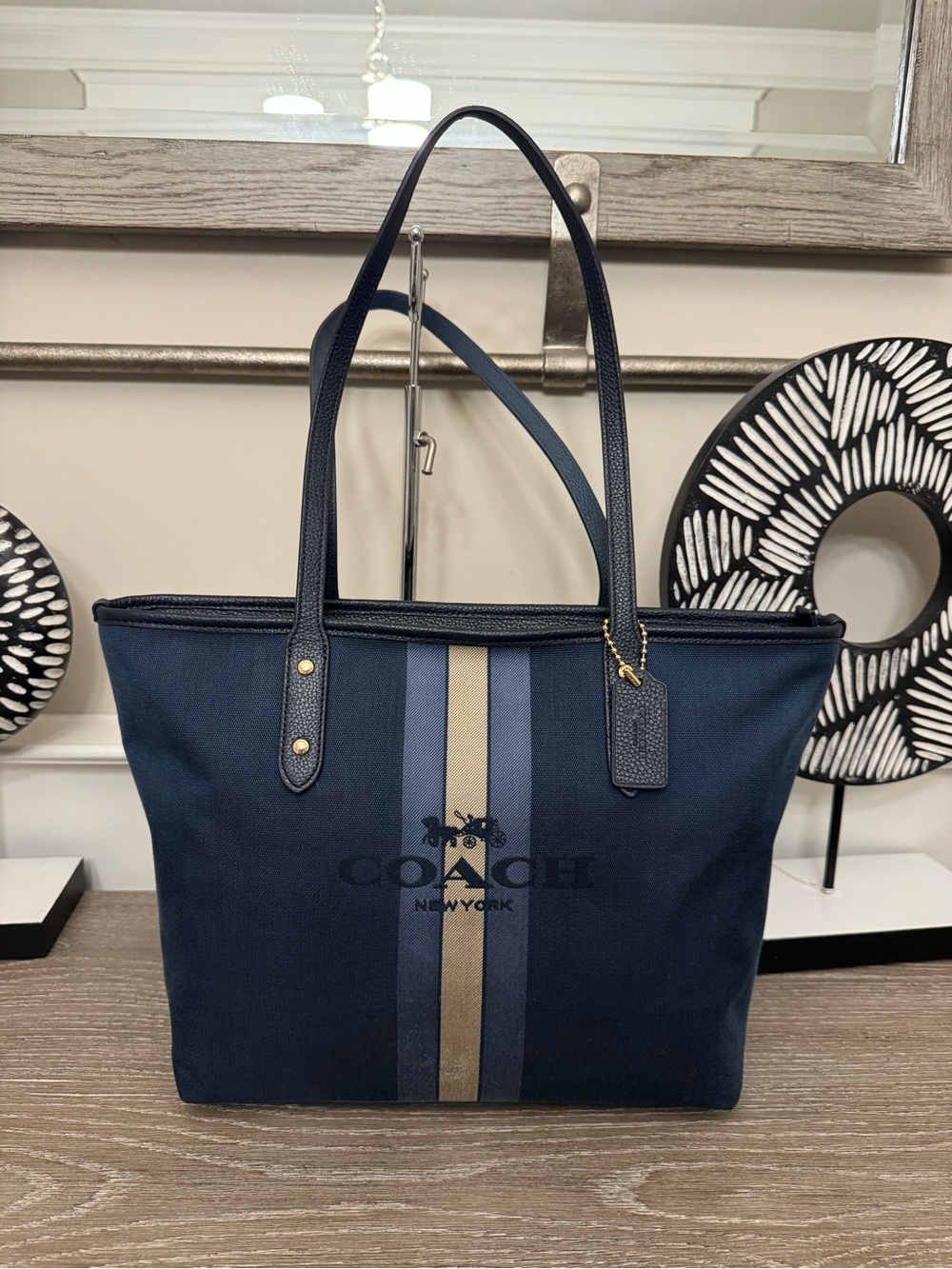 Coach Horse And Carriage Navy Canvas Tote with Blue and Khaki Stripes
